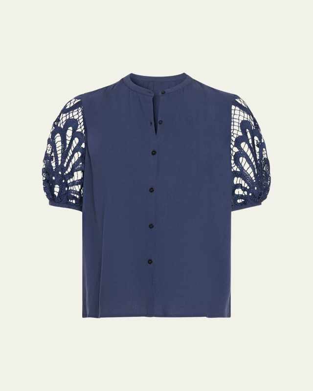 Gia Open-Knit Short-Sleeve Blouse